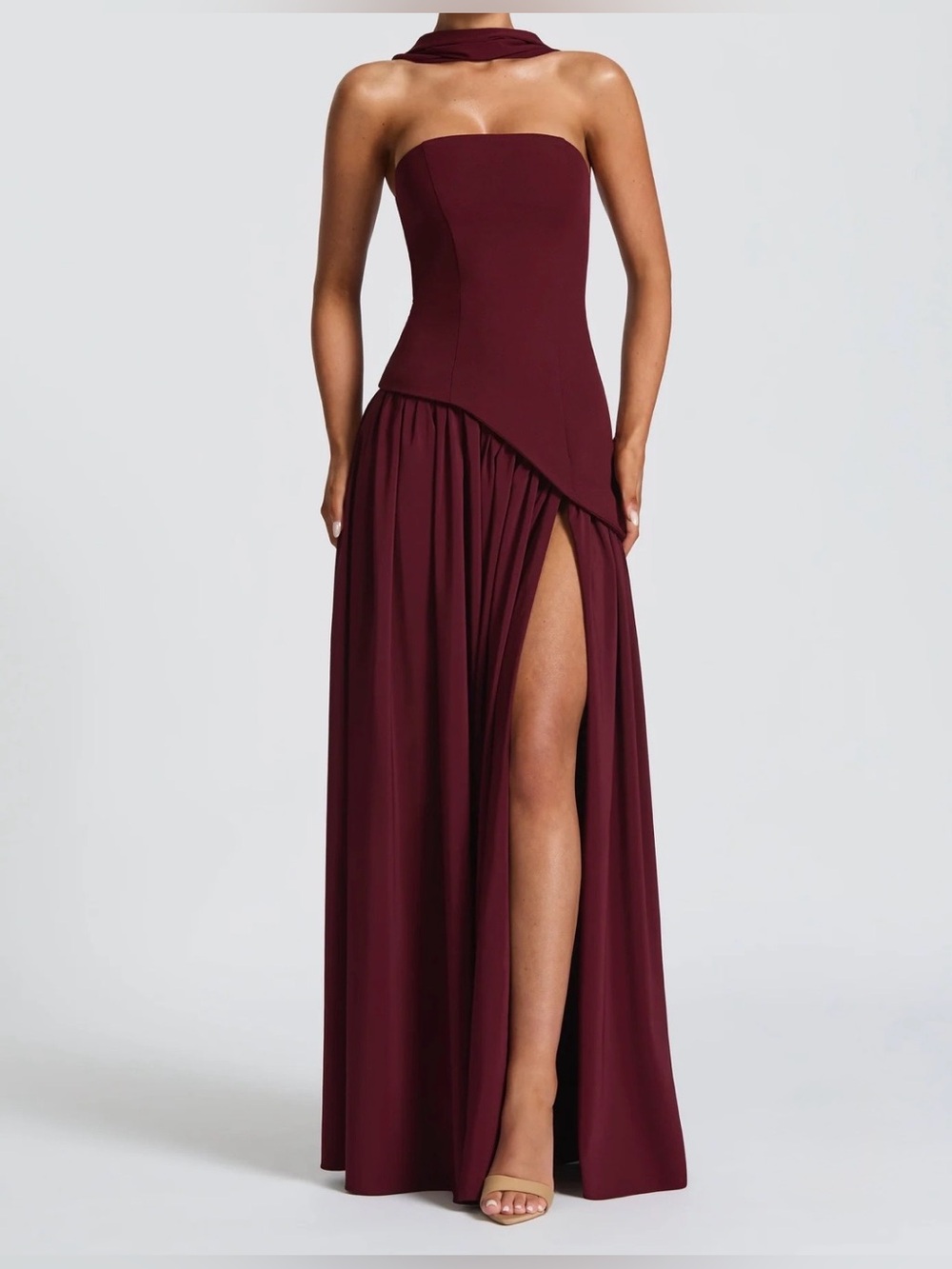 Strapless Burgundy High-Slit Evening Gown